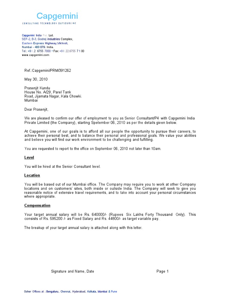 Capgemini Offer Letter for Senior Consultant | PDF