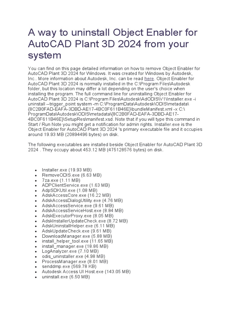 A Way To Uninstall Object Enabler For AutoCAD Plant 3D 2024 From Your  System | PDF