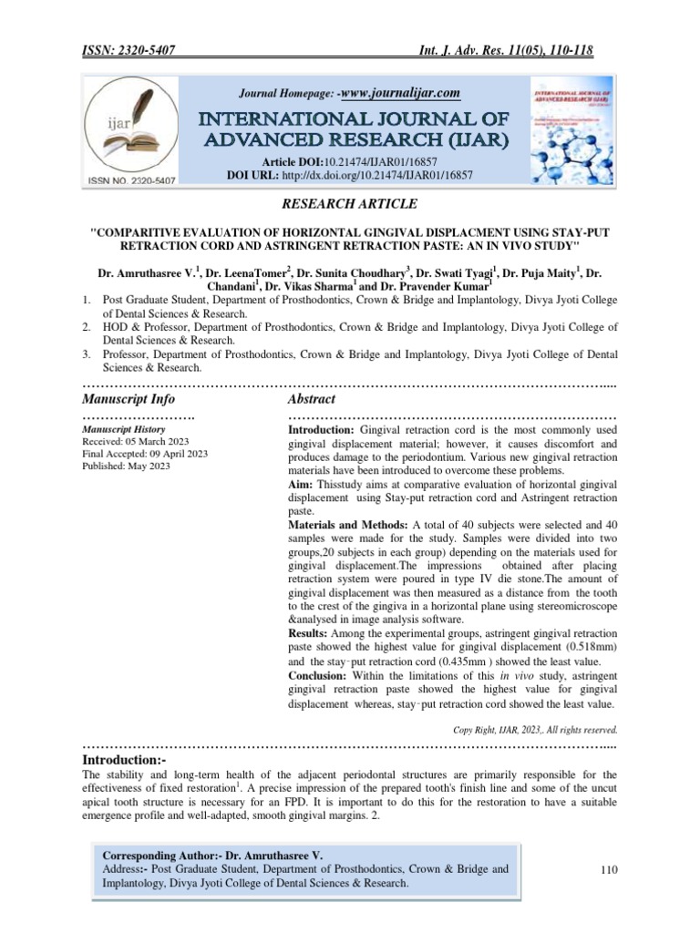 Comparitive Evaluation of Horizontal Gingival Displacment Using StayPut Retraction Cord and
