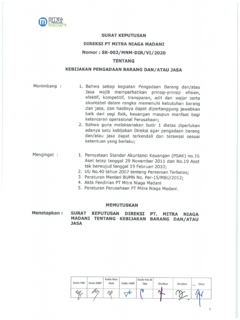SK 002 Tentang Kebijakan Pengadaan Barang Dan Atau Jasa | PDF