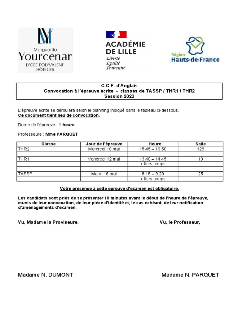 2023 Convocation CCF Anglais Bac Pro Ecrit PDF