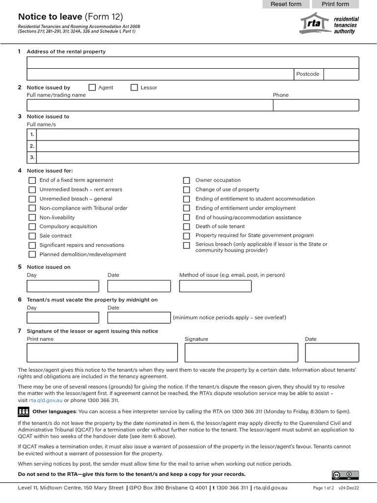Form 12 Notice to Leave QLD Guide | PDF | Lease | Leasehold Estate