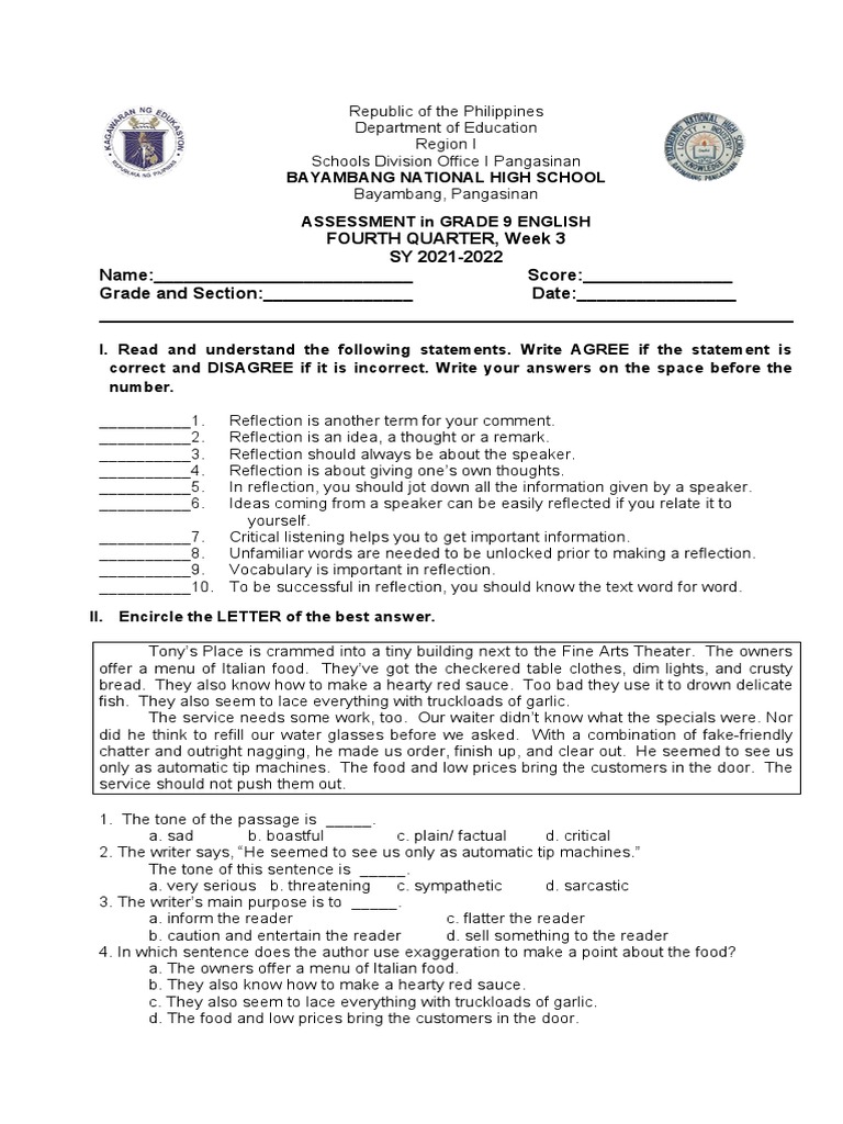 Fourth Quarter Module 3 Assessment | PDF | Foreign Language Studies
