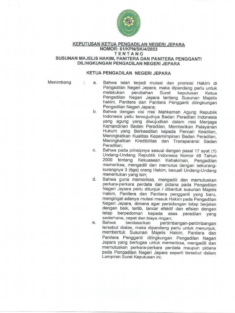Sk susunan majelis hakim panitera dan panitera pengganti dilingkungan