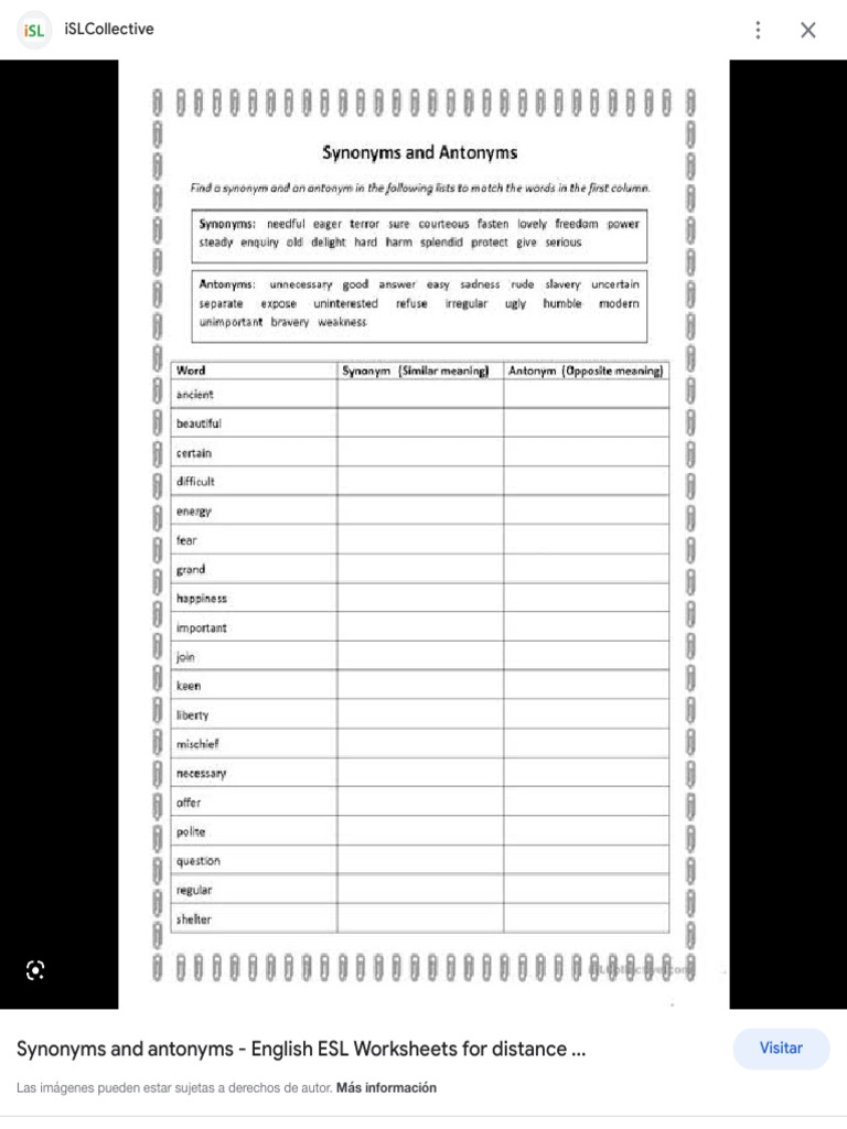Synonyms Exercises Intermediate Level Búsqueda de Google PDF