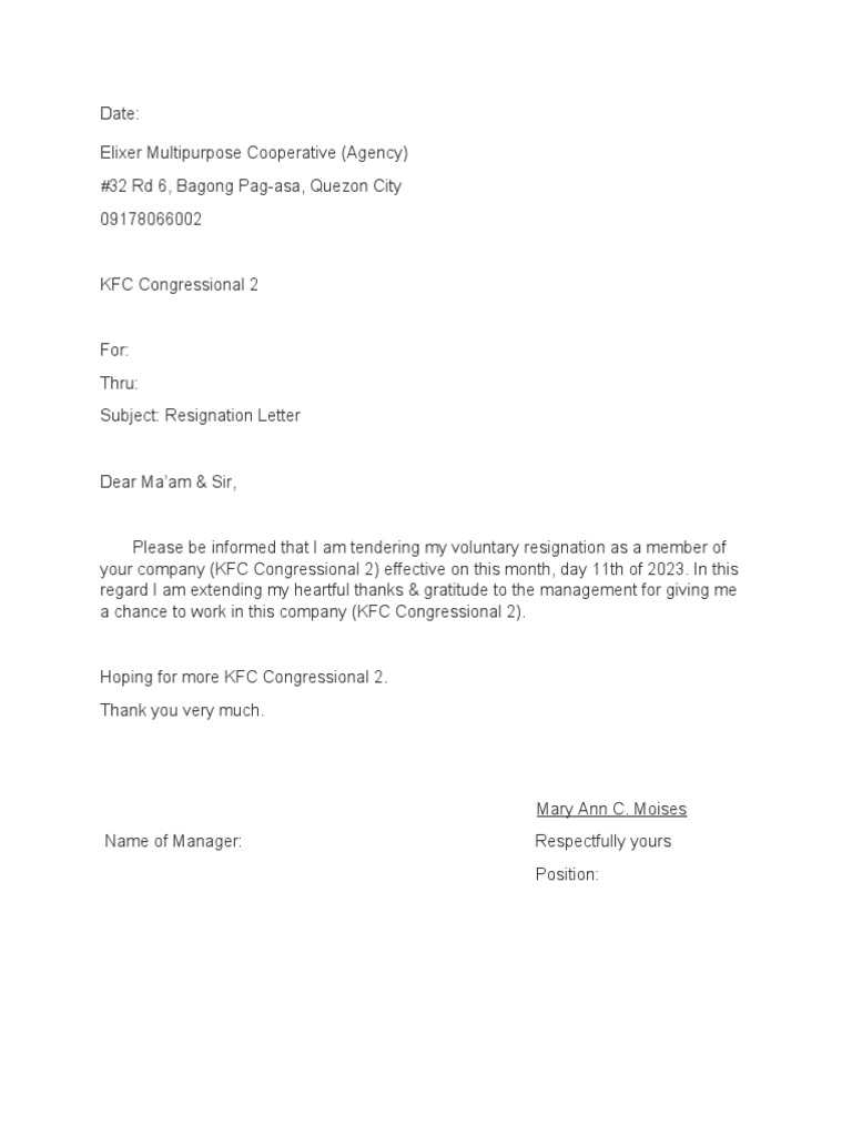 KFC Congressional Resignation Letter Sample | PDF | Business | Finance ...