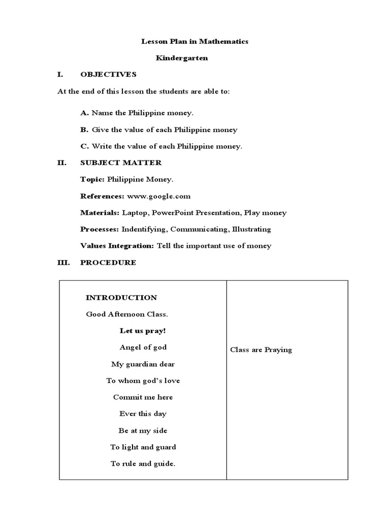 Lesson Plan Kindergarten 1 | PDF | Lesson Plan | Money