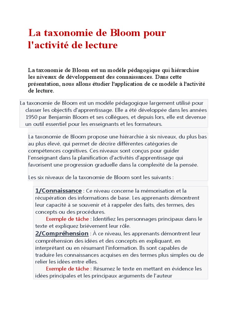 Taxonomie de Bloom et lecture active | PDF | Pédagogie | Psychologie ...