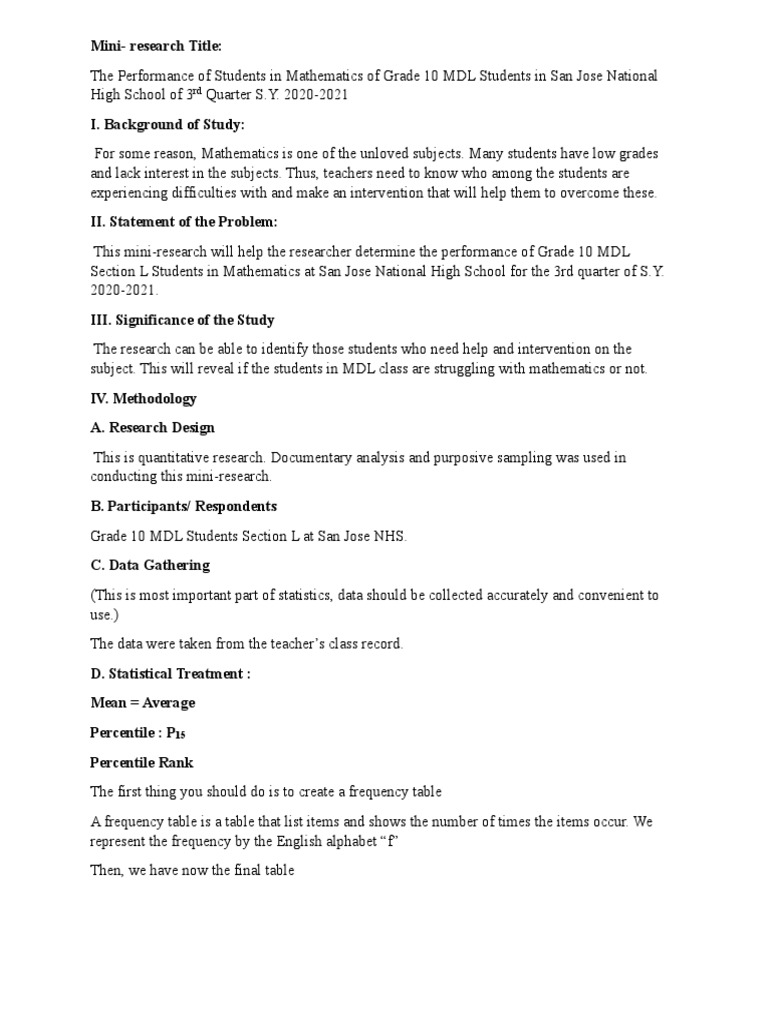 Mini Research Example PDF Mathematics Percentile