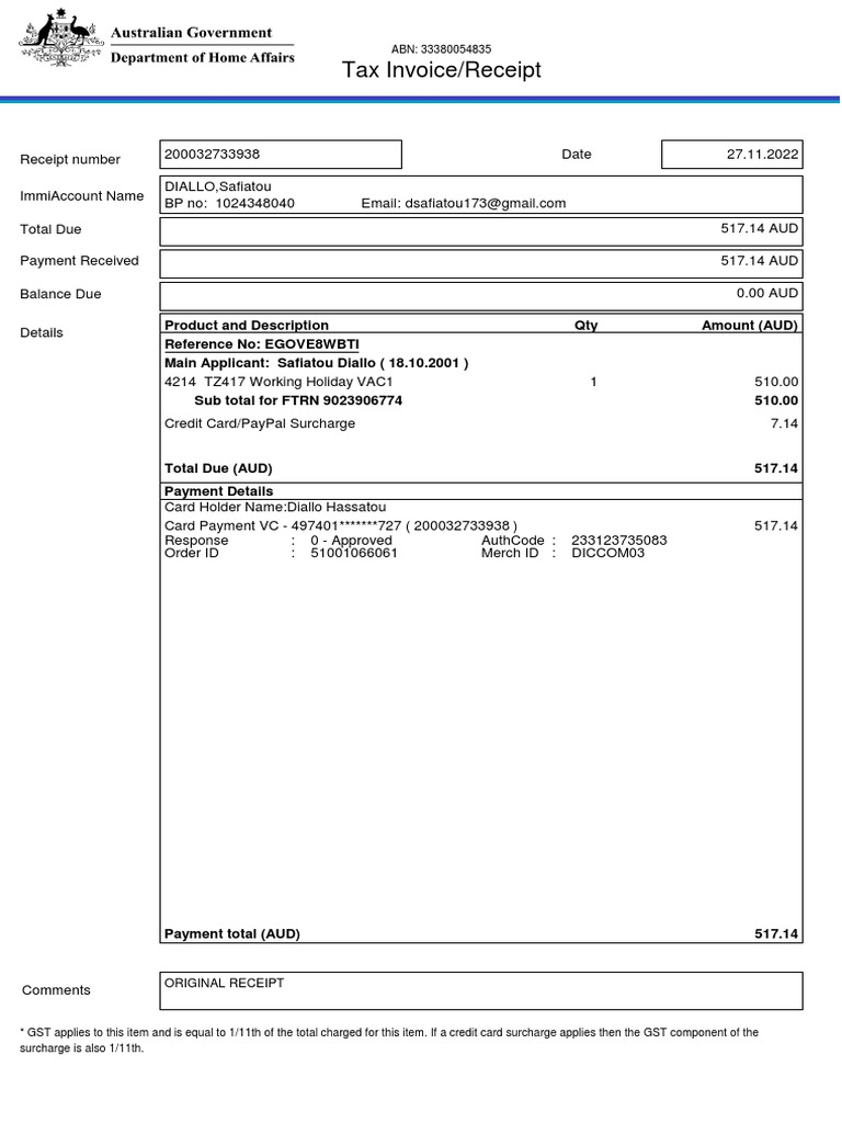 Tax Invoice for Working Holiday Visa | PDF | Receipt | Business