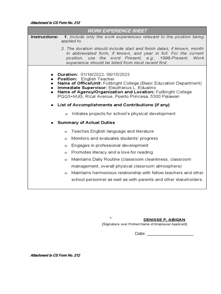English Teacher Work Experience Sheet | PDF | Career & Growth