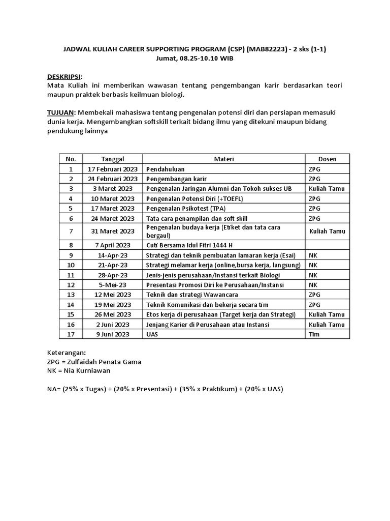 Jadwal Kuliah CSP 2023 | PDF