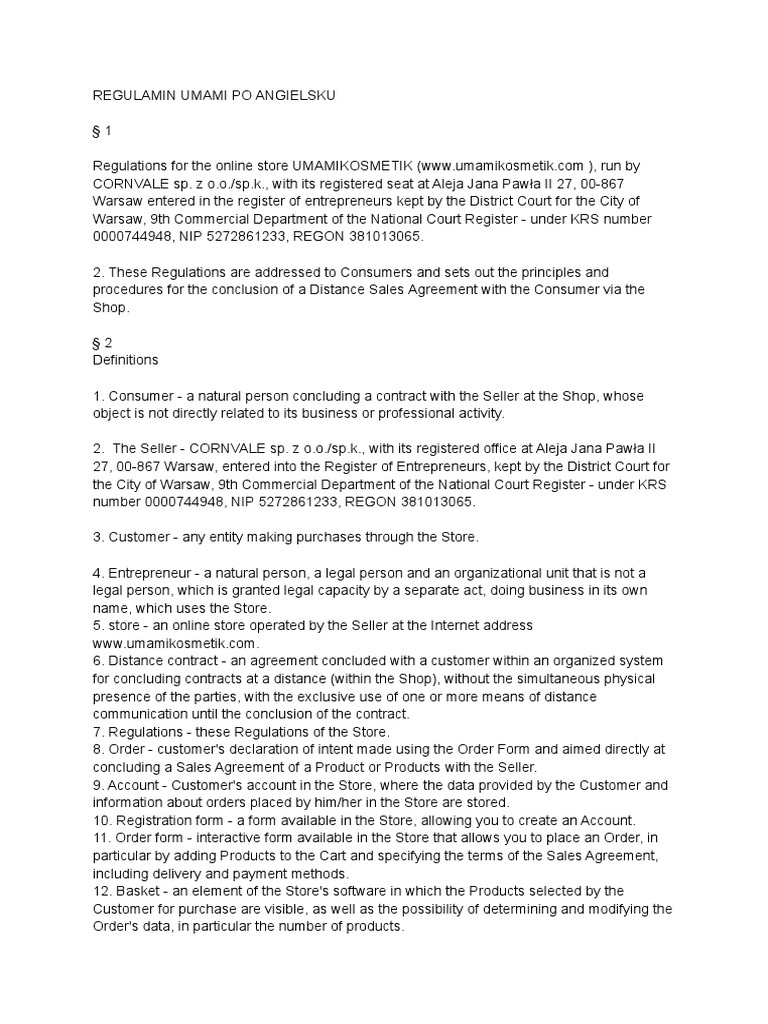 Regulamin Umami Po Angielsku PDF
