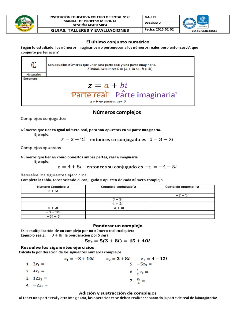 Números Complejos Pdf Sustracción Número Complejo