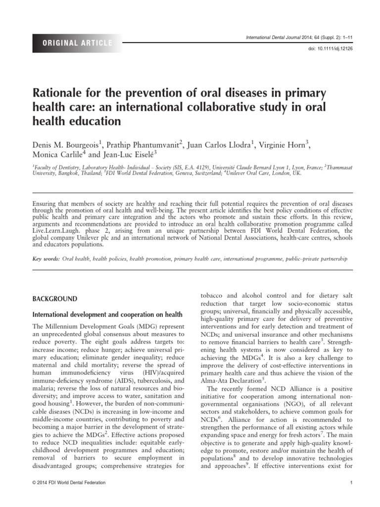 Rationale For The Prevention of Oral Diseases in Primary Health Care