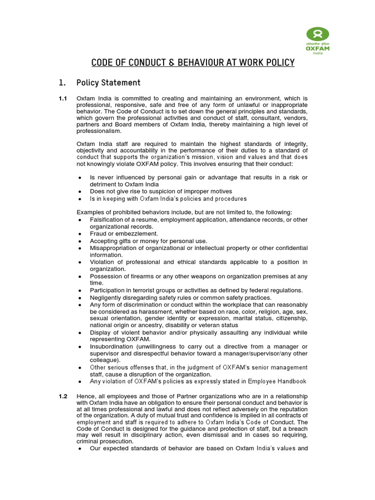 Code of Conduct & Behaviour at Work Policy | PDF