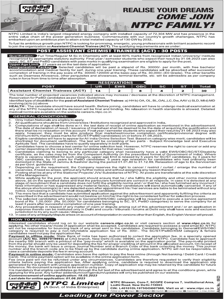 Notification NTPC Asst Chemist Trainee Posts | PDF