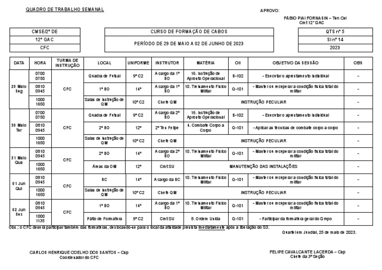 Quadro de Trabalho Semanal CFC 2023 | PDF