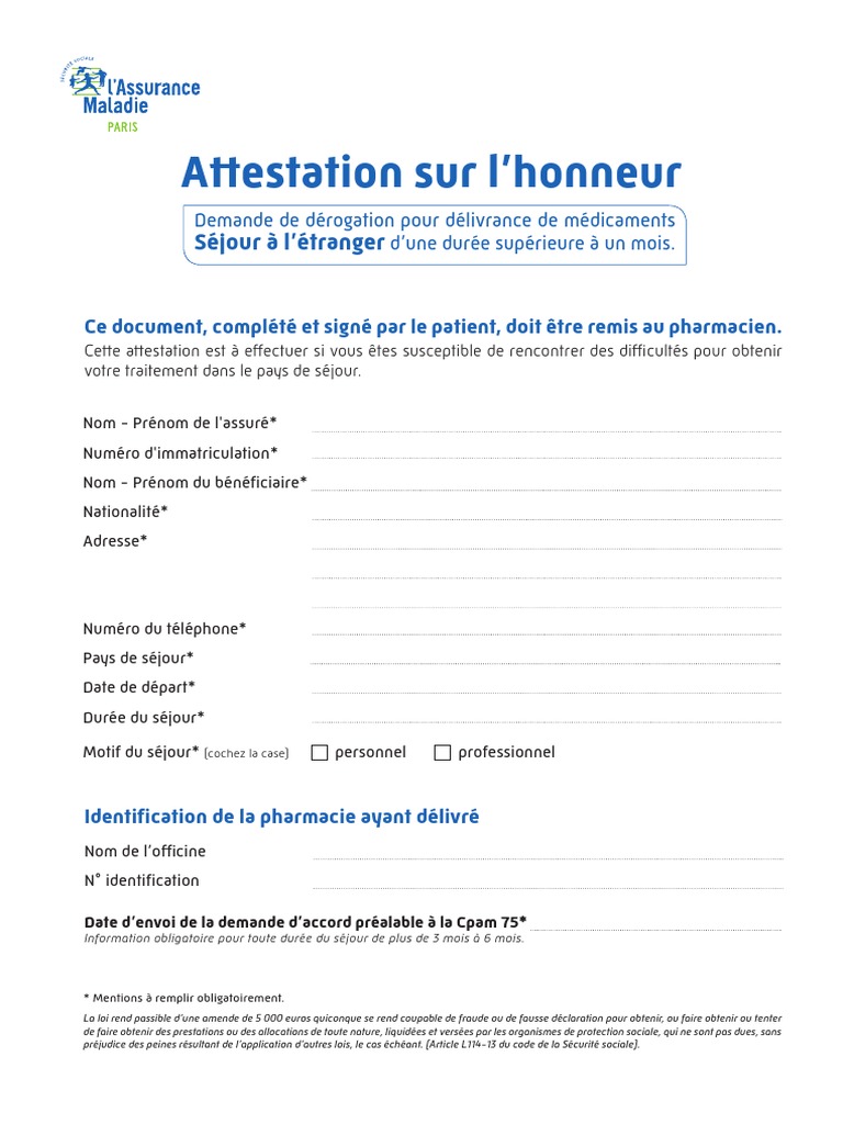 Cpam Paris - Attestation Sur Honneur Sejour Etranger | PDF | Droit