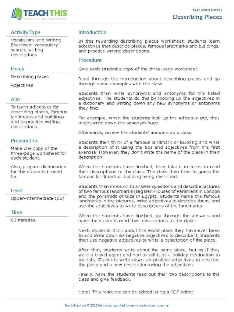 Describing Places B2 | PDF | Cognition | Linguistics