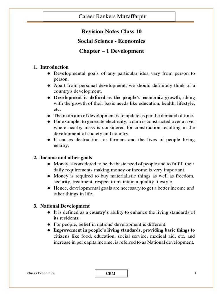 CBSE Class 10 Economics Chapter 1 Notes - Development (1) | PDF | Body ...