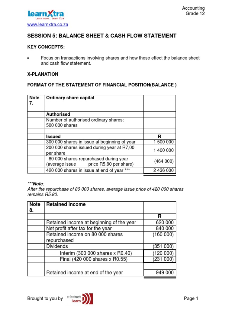 Learn xtra gr 12 session 5 balance sheet cash flow statement pdf