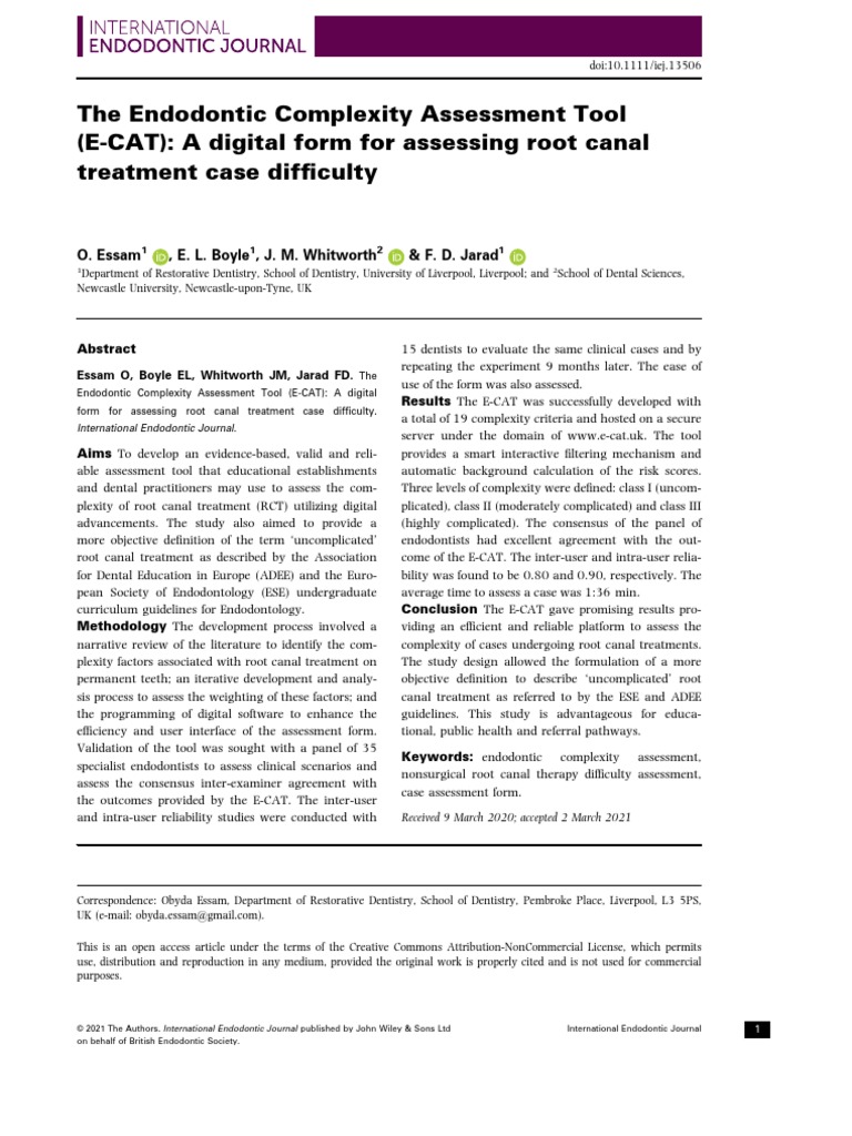 The Endodontic Complexity Assessment Tool E Cat 2021 Pdf