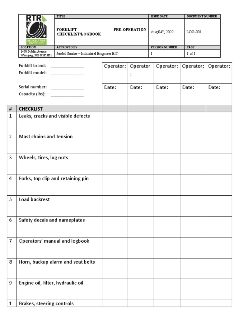 LOG001 Forklift Checklist and Logbook PDF Forklift Car