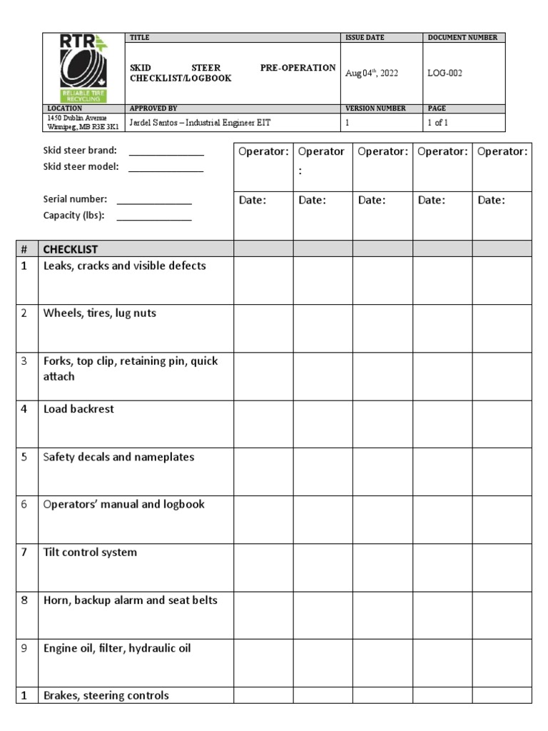 LOG002 Skid Steer checklist and logbook PDF