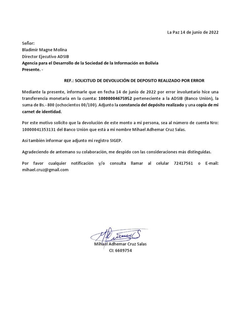 Nota de Solicitud de Devolucion, Beneficiario Sigep | PDF | Bancos ...