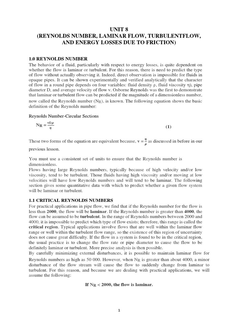 Unit 8 (Reynolds Number, Laminar Flow, Turbulentflow, and Energy Losses