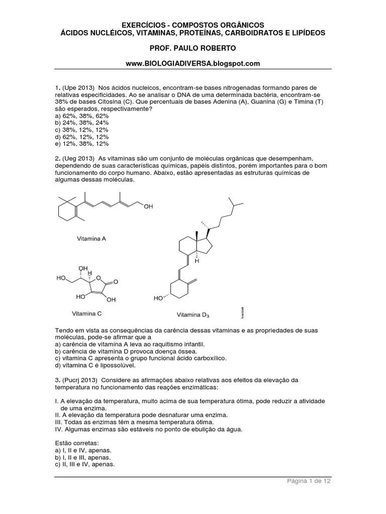 Exercícios Bioquímica - Compostos Orgânicos | PDF | DNA | Ácidos nucleicos