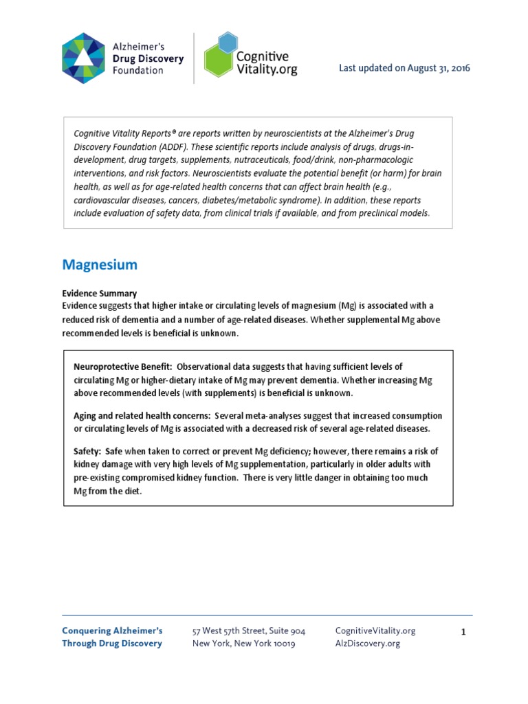 Magnesium Cognitive Vitality For Researchers PDF Magnesium Dementia
