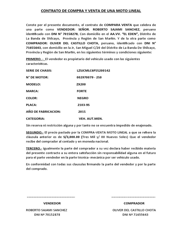Contrato de Compra y Venta de Una Moto Lineal Silvia | PDF