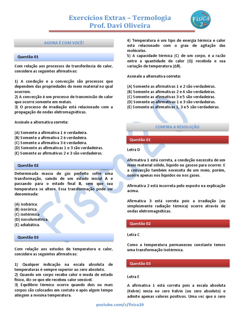Exercícios de Termologia e Respostas | PDF | Temperatura | Calor