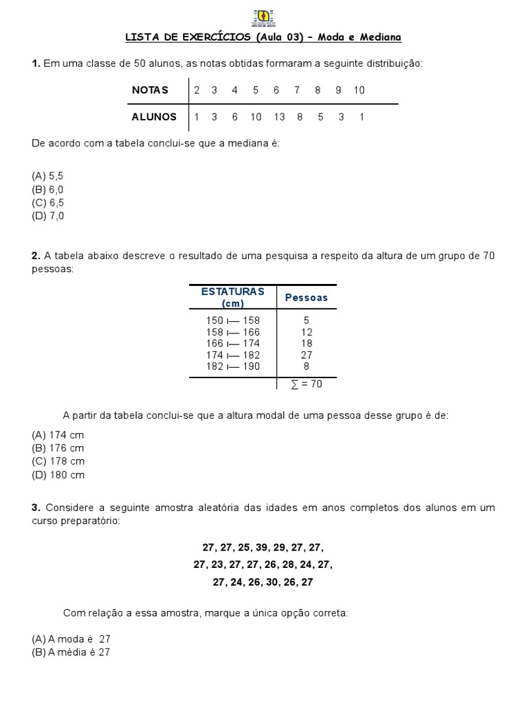 Exercicios - Aula 03 (Moda e Mediana) | PDF