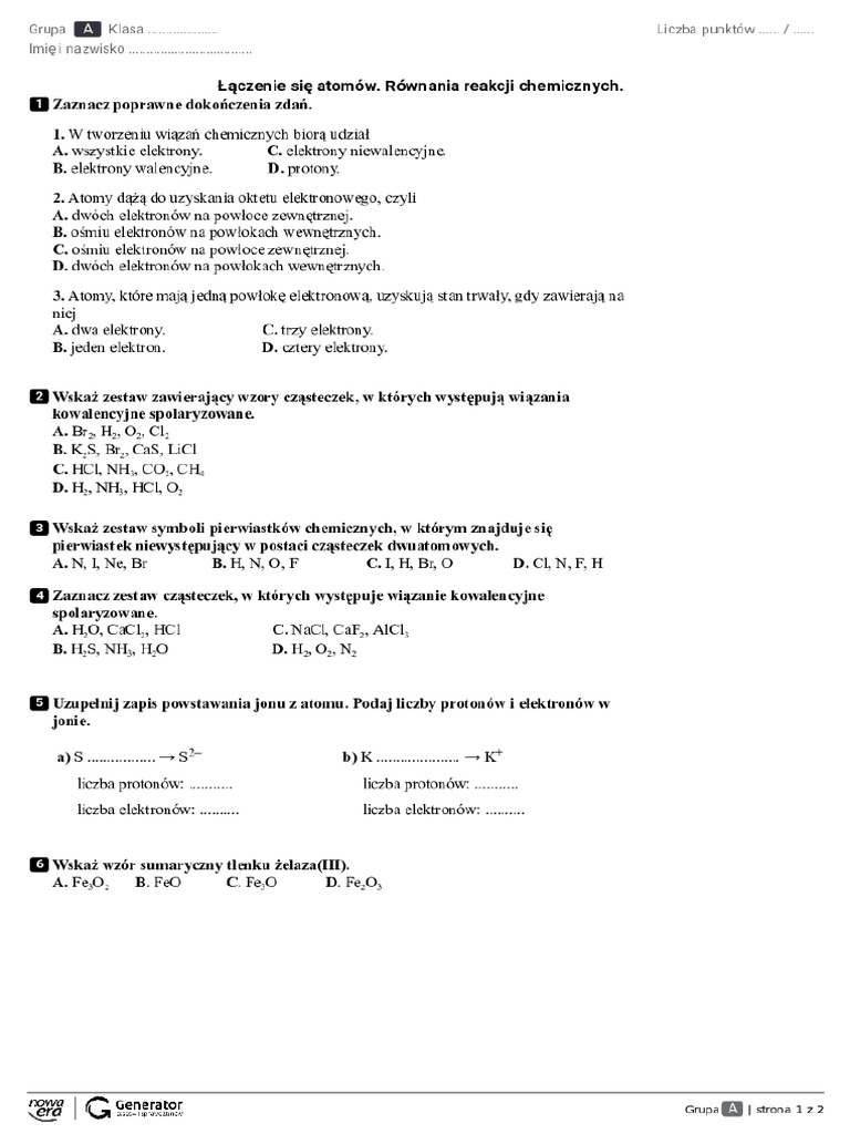 Podrecznik Do Chemii Klasa 7 Sprawdzian Chemia Klasa 7 | PDF