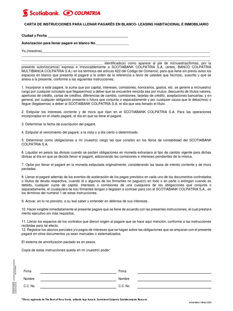 Carta de Instrucciones para Llenar Pagare en Blanco | PDF | Tarjeta de ...