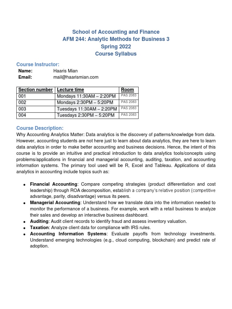 AFM 244 Course Syllabus: Data Analytics | PDF | Analytics | Turnitin
