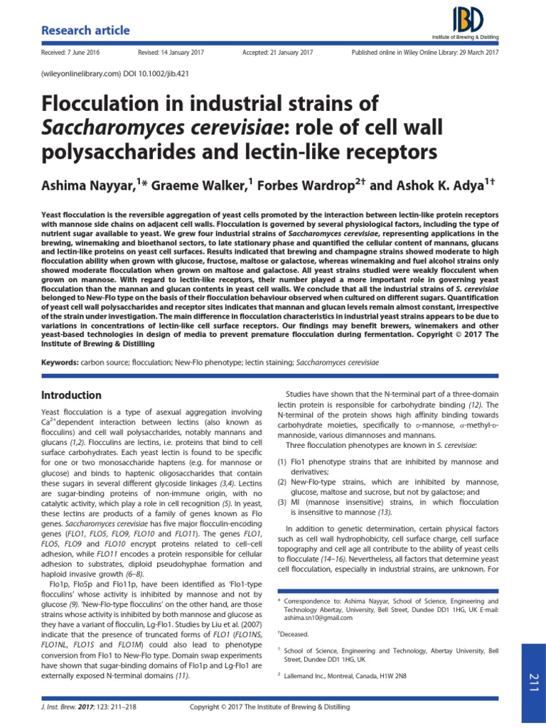 J Institute Brewing 2017 Nayyar Flocculation in Industrial Strains of Saccharomyces