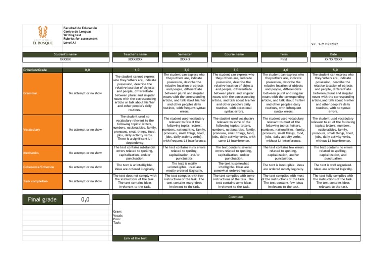 A1 Writing Test Assessment Rubrics | PDF | Grammatical Number | Plural