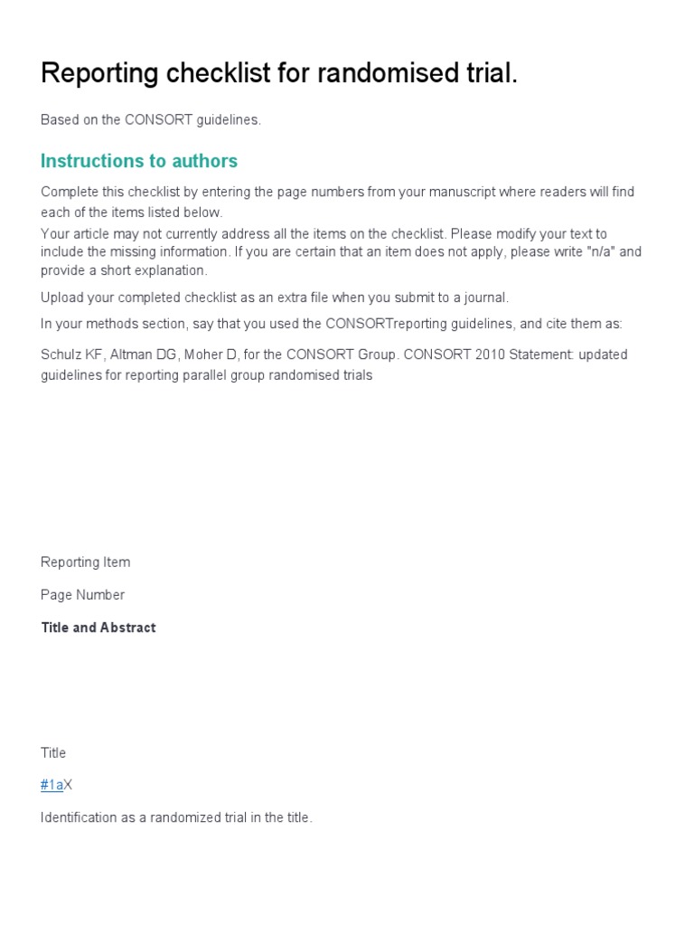 CONSORT Checklist for Randomized Trials | PDF | Randomized Controlled ...