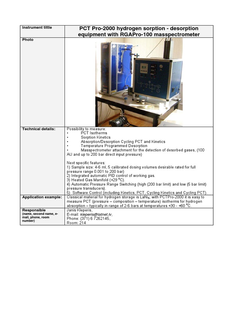 PCT Pro-2000 Hydrogen Sorption Analyzer | PDF | Technology & Engineering