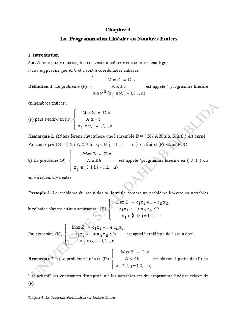 Programmation Linéaire en Nombres Entiers | PDF | Optimisation linéaire ...