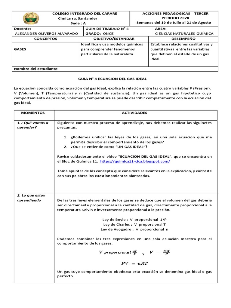 Guía de Química: Ecuación del Gas Ideal | PDF
