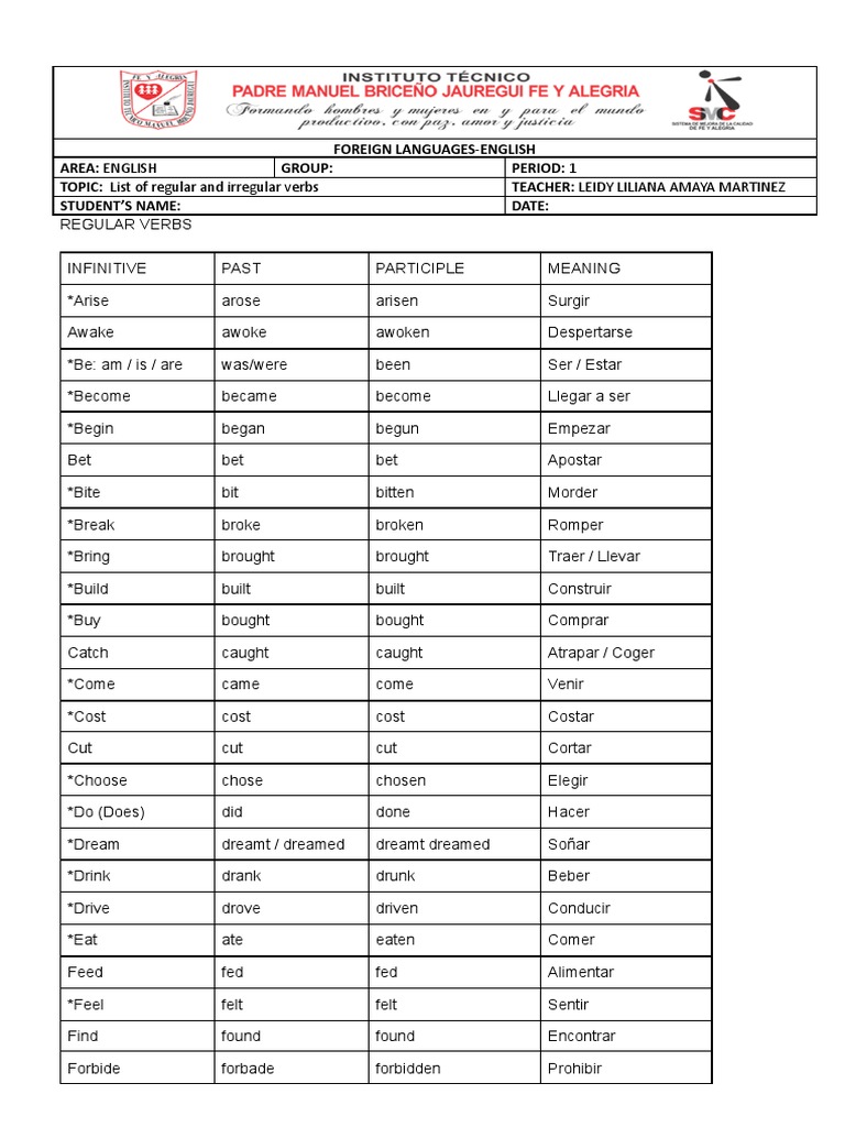 List of Regular and Irregular Verbs | PDF | Linguistic Typology ...