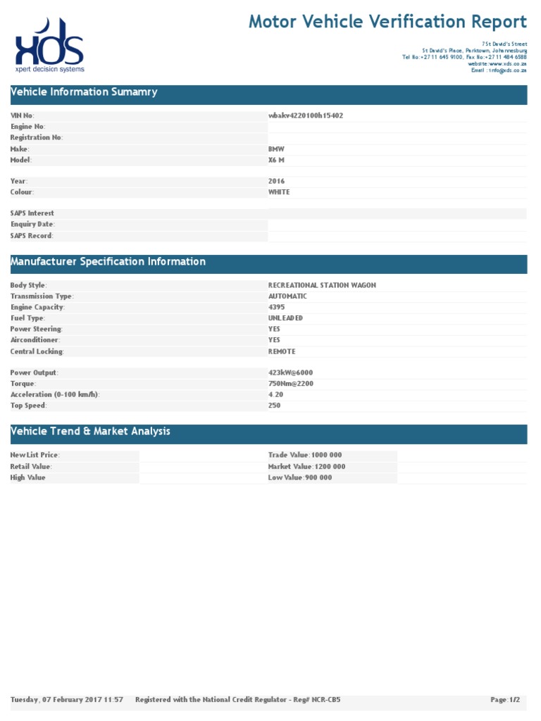 MotorVehicleVerificationReportExample PDF Vehicles Land Vehicles