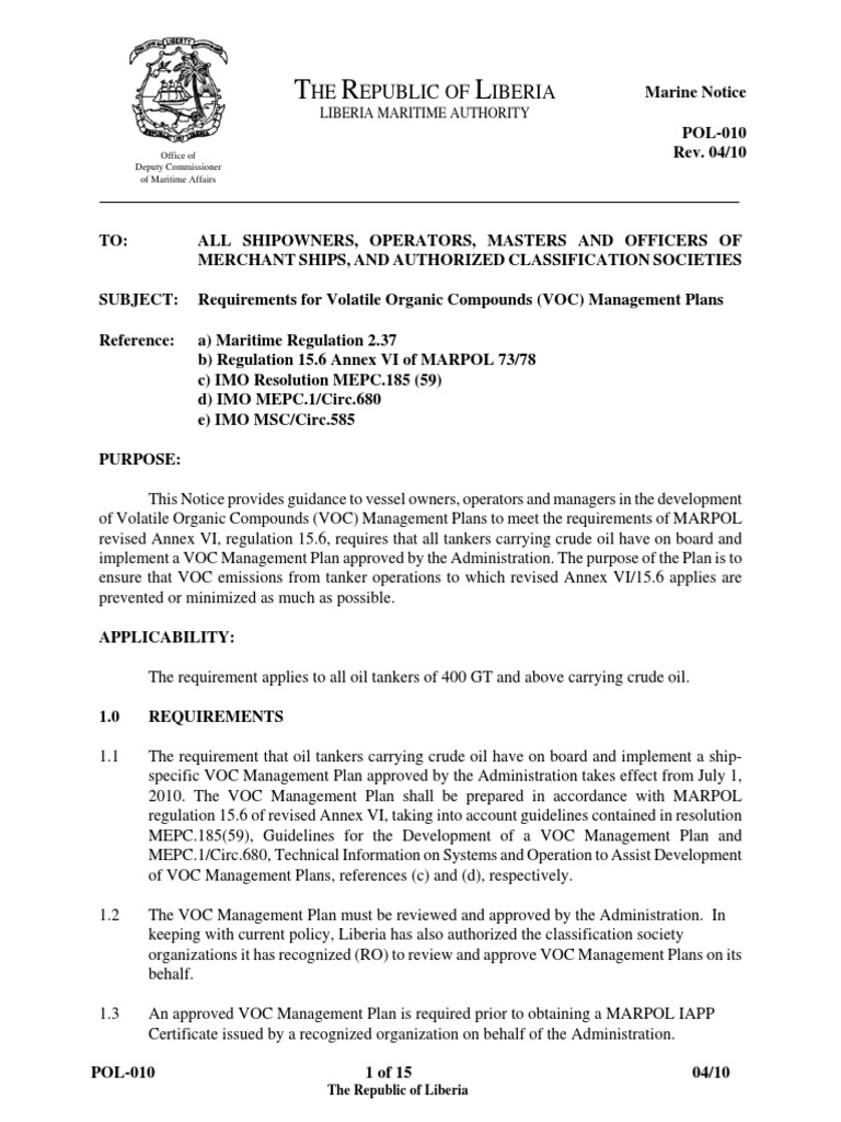 POL 010 Rev.04 2010 PDF Oil Tanker Volatile Organic Compound