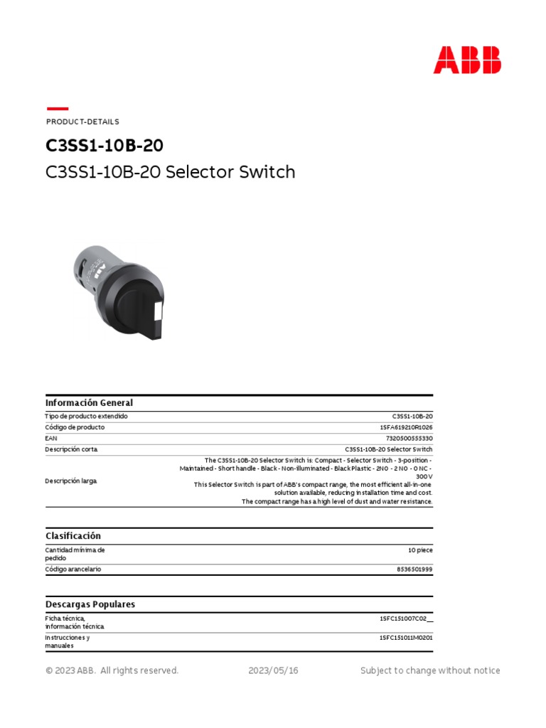 Selector Switch C3SS1-10B-20 ABB | PDF