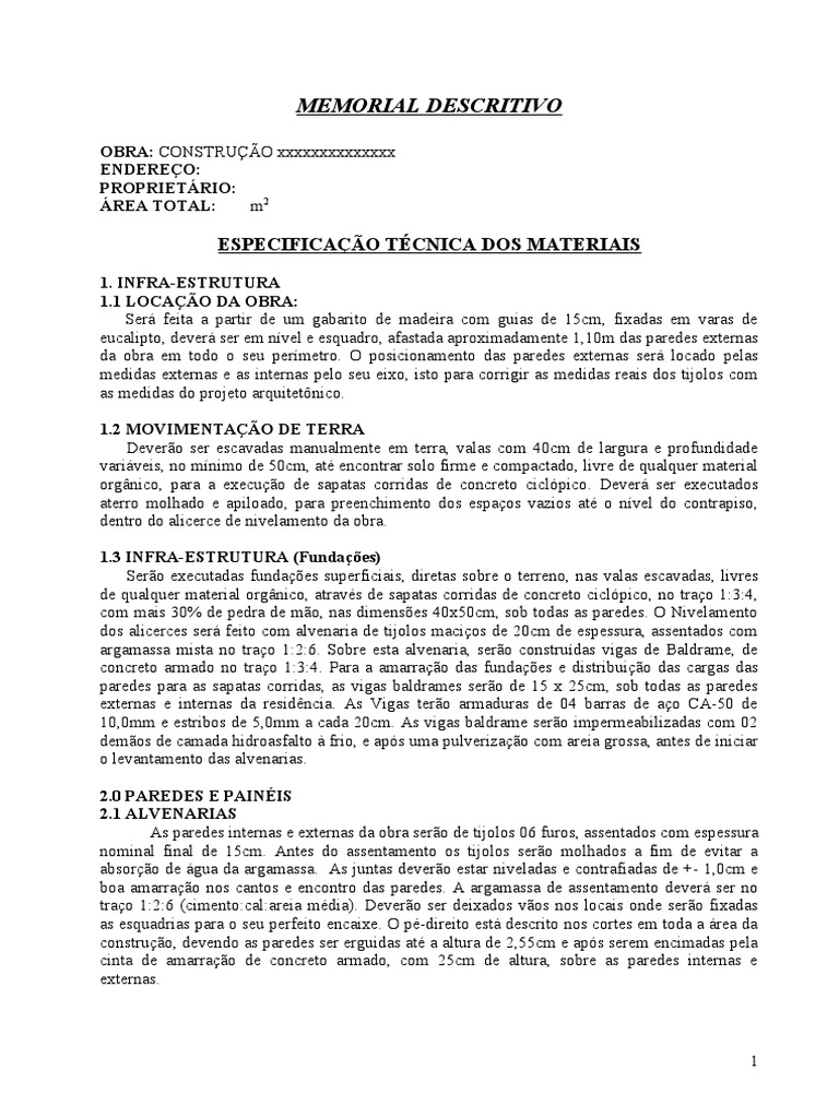 Memorial Descritivo | PDF | Argamassa (alvenaria) | Alvenaria